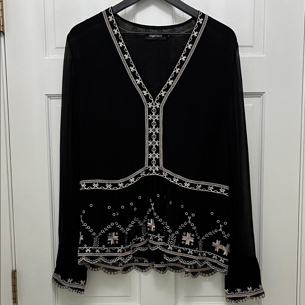 Magali Pascal Semi - Sheer Long Sleeve w/ Creme Embroidery - Size Medium